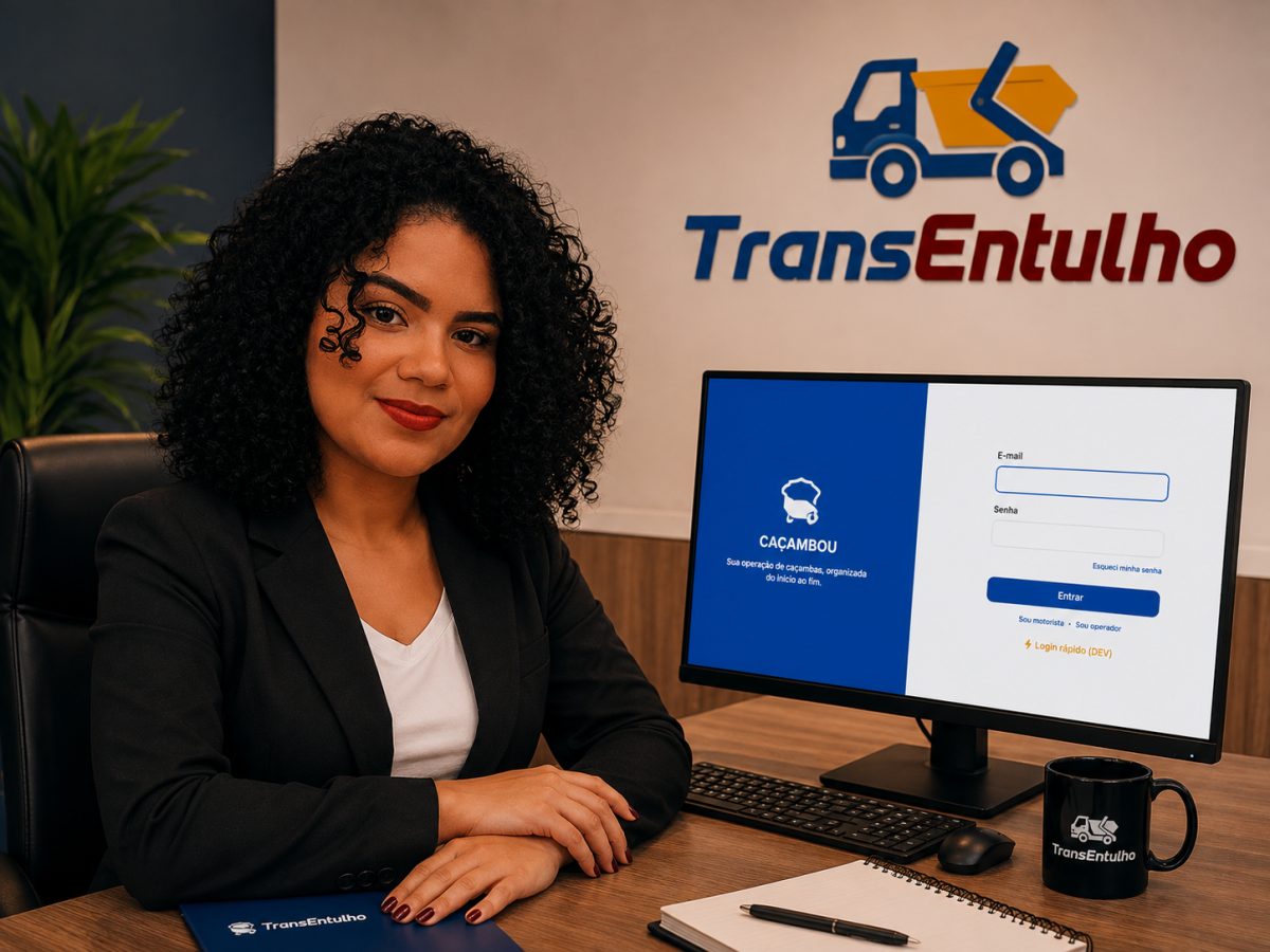 Yurica, operadora da TRANSENTULHO, usando o Caçambou no escritório
